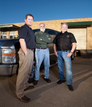 Sempco Surveying’s Vice President Isaac Grier, President Bill Bartlett and Oil and Gas Manager George Hill stand outside of their office in Fort Worth, Texas. The company has been serving the oil and gas in-dustry in Texas since 1967.