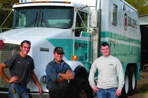 The field operations staff at Bullzeye Oilfield Services at their shop in Elmendorf, Texas. From left, Nicholas Henney, field engineer; Josh McCoy, lead operator; and Zack Maxey, co-founder and president.
